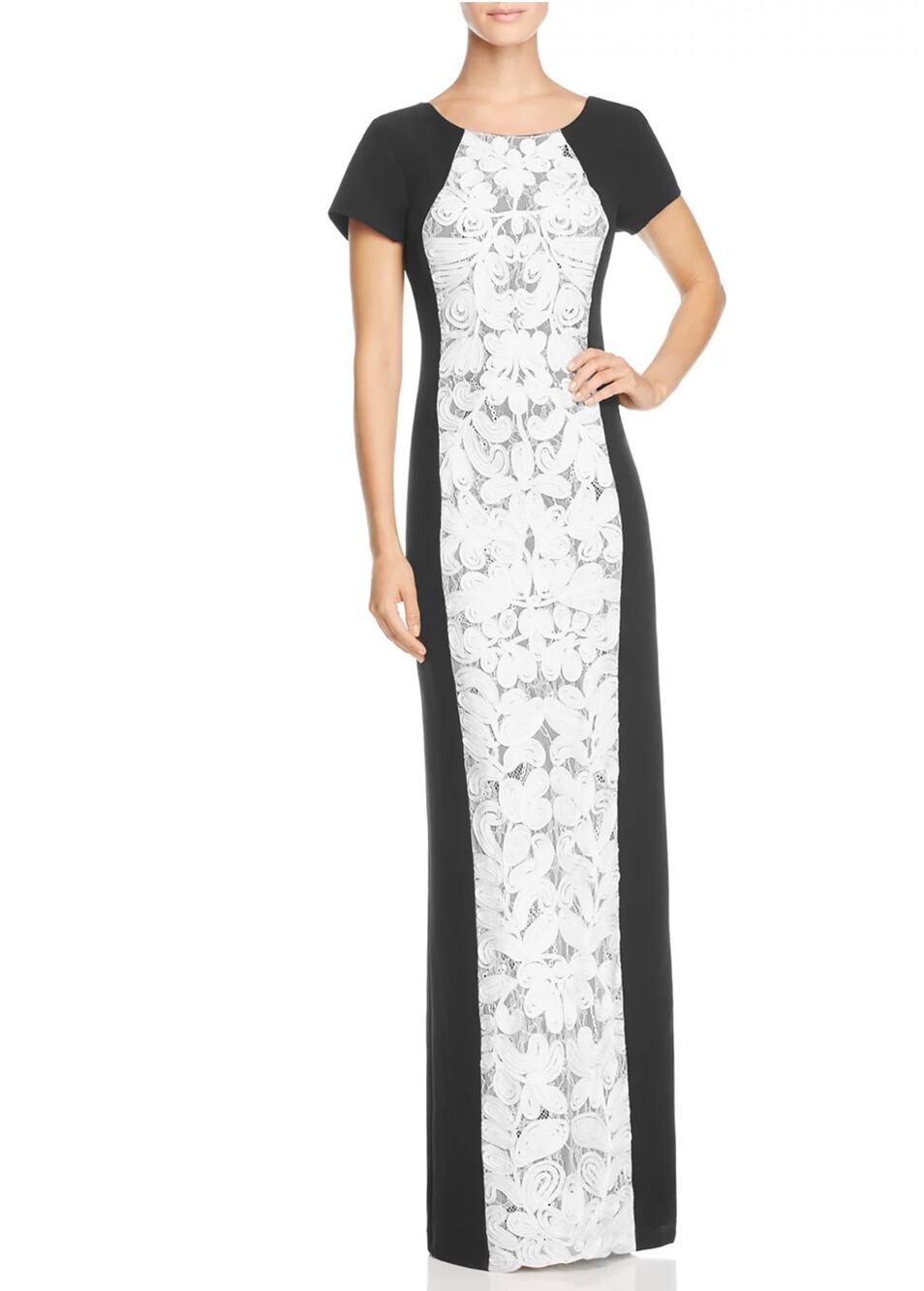 JS Collections Black & White Column Evening Gown Lace Short Sleeve Dress Size 4